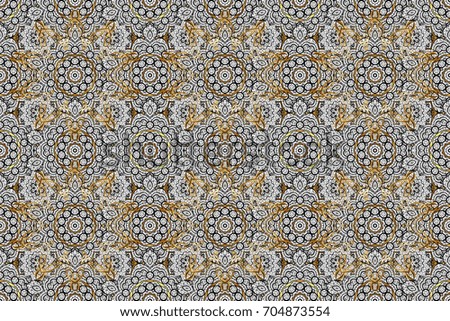 Decorative symmetry arabesque. Medieval floral royal pattern. Good for greeting card for birthday, invitation or banner. Gold on colorful background. Raster illustration.
