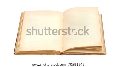 an old book with blank yellow stained pages on white