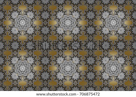 Seamless golden textured curls in oriental style arabesques. Golden pattern on background with white doodles. Raster golden pattern.