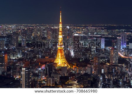 Amazing panoramic view to city centre of Tokyo in the evening, Tokyo Tower at night