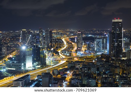 Tel Aviv Skyline At Night, Skyscraper and Ayalon Freeway