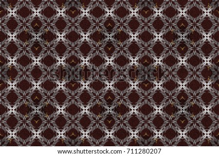 Golden pattern on dark brown background with golden elements. Ornate raster decoration. Seamless damask pattern background for wallpaper design in the style of Baroque.