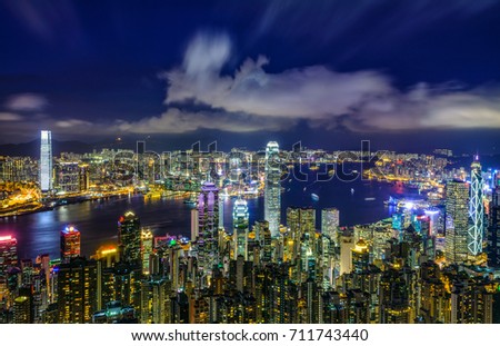 Night view from the Victoria Peak, Hong Kong, China
