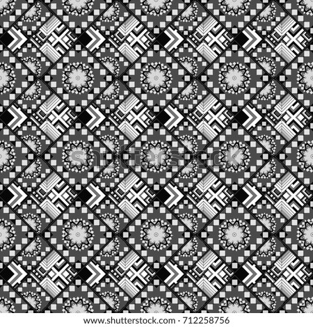 Seamless pattern with rhombus and tiles. Vintage decorative repainting art with boho chic style and ethnic motifs in gray, white and black colors. Abstract geometric squares with round symmetry.