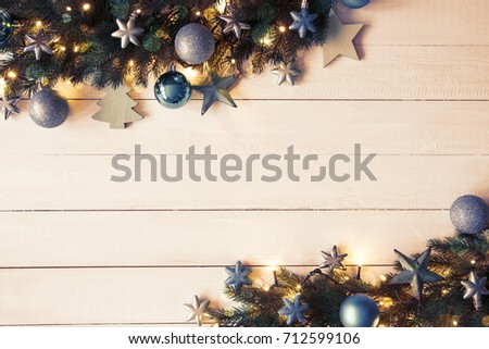 Turquoise Christmas Banner, Frame, Fir Branches, Instagram Filter