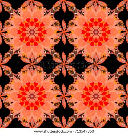 Sketch of many abstract flowers in orange, black and red colors. Hand drawn seamless flower illustration. Seamless pattern abstract floral background.