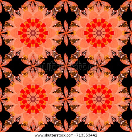 Elegant seamless pattern with decorative flowers in orange, black, red colors. Vector floral pattern for wedding invitations, greeting cards, scrapbooking, print, wrap, manufacturing fabric, textile.