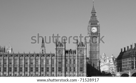 Big Ben at the Houses of Parliament, Westminster Palace, London, UK - (16:9 black and white)
