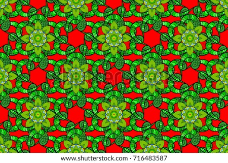 Raster illustration with many green, red and black flowers. Trendy seamless floral pattern.