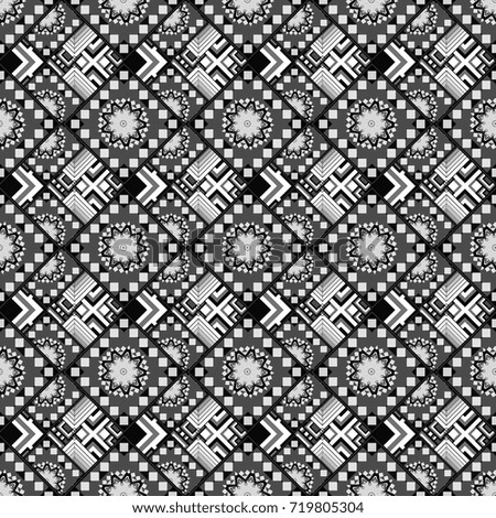 Seamless ethnic patterns for border in white, black and gray colors. Vector repeated oriental motif for fabric or paper design.