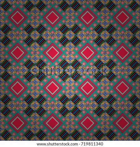 Vector illustration. Seamless pattern with decorative geometric and abstract elements in black, green and red colors.