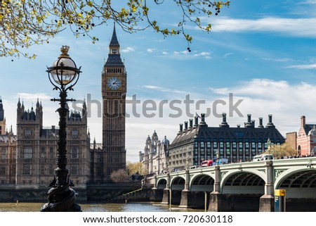 Lamp post, Big Ben and Westminster Bridge on a sunny day in London