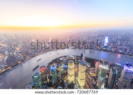 Shanghai huangpu river and pudong financial district skyline at sunset,China