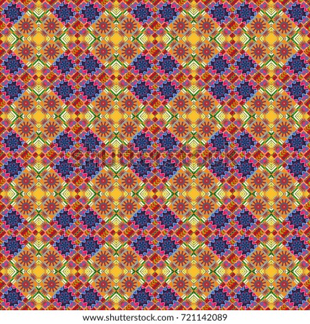 Vector ornament in orange, blue and pink colors. Embroidery for fashion textile and fabric. Embroidery seamless pattern with abstract diagonal tiles.