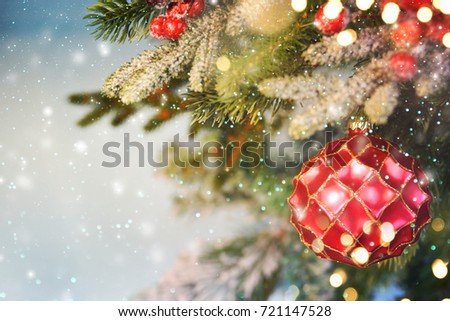 Christmas Ornament On Wooden Background With Snowflakes, Greeting card Merry Christmas and Happy New Year