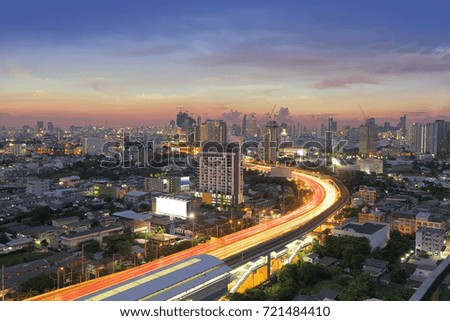 Bangkok city at sunset Sky train in Thailand.