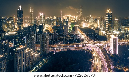 aerial view of shanghai city at night