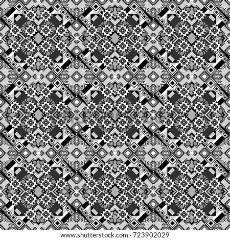 Vector seamless geometric pattern of black, white and gray tiles.