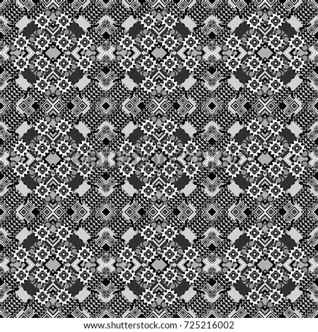 Abstract seamless modern pattern with regularly repeating geometrical grid with rhombuses, strips, rectangles in gray, black and white colors. Vector element for graphical design.