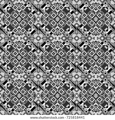 Regularly repeating tiles grids with white, gray and black dots, polygons, hexagons, rhombuses, difficult polygonal outline shapes. Stylish geometric seamless pattern. Modern linear ornament.