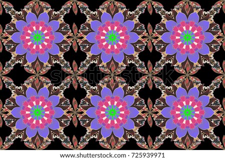 Flowers of the valley on black, violet and gray colors. Flowers. Abstract ethnic raster seamless pattern.
