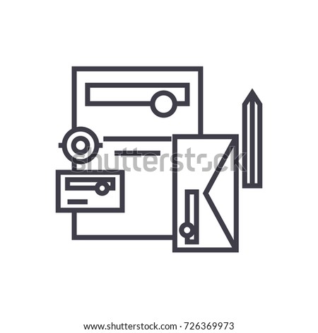 branding accessories,mail, document, pencil vector line icon, sign, illustration on background, editable strokes