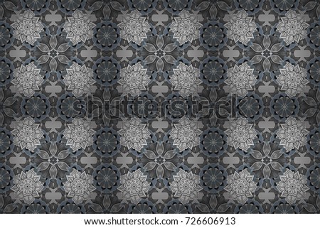 Elegance seamless pattern with ethnic flowers on gray, neutral and white colors. Raster Floral Illustration in asian textile.