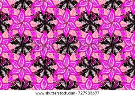 Raster pattern. Pattern with spring flowers with branch, on magenta, black and pink colors with flower silhouette.