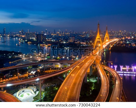 Bhumibol bridge , Bangkok Expressway and Highway top view during twilight time ,expressway is an important infrastructure for rush hour in Bangkok , Bangkok,Thailand