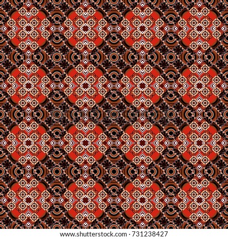 Geometrical seamless pattern with red, black and brown tiles. Vector illustration.