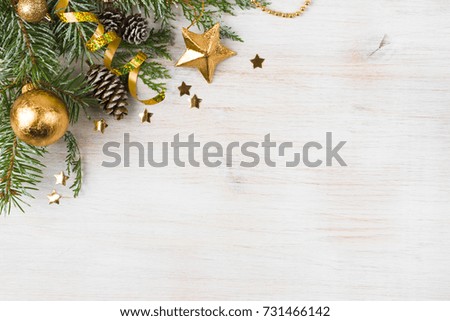 Christmas background with decorated fir tree, copy space on side