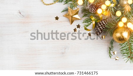 Background of Christmas decoration and glitters, copy space on side