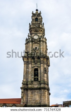 Clerigos Tower (1763), part of Clerigos Church, is one of paradigmatic architectural landmarks of Porto, 76 meters high. Porto, Portugal.