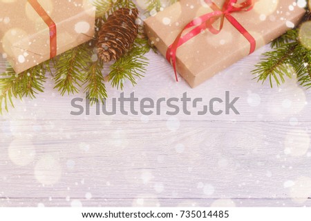 Christmas Background Green Decorative Fir Branches Presents Wooden Background