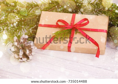 Christmas Background Green Decorative Fir Branches Presents Wooden Background.