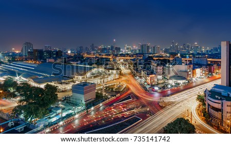 The central train station in Bangkok (Hua Lamphong Railway Station,MRT) & traffic in front of Hualamphong Train Station at twilight Bangkok, Thailand, long exposure image