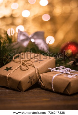 Christmas and New Year's decorations are all set in the light. There is bokeh glow. Space on top for your wording.