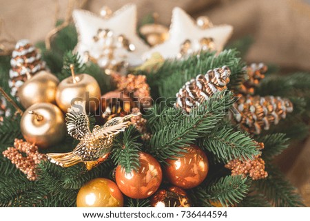 Christmas decor and gift with natural vintage background for card design. top flat view,