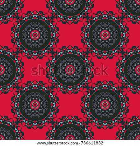 Ethnic style. Colorful mandala seamless pattern. Decorative stylized elements. Mandalas ornament in red, violet and gray colors. Design for fabrics, cards, web, decoupage.
