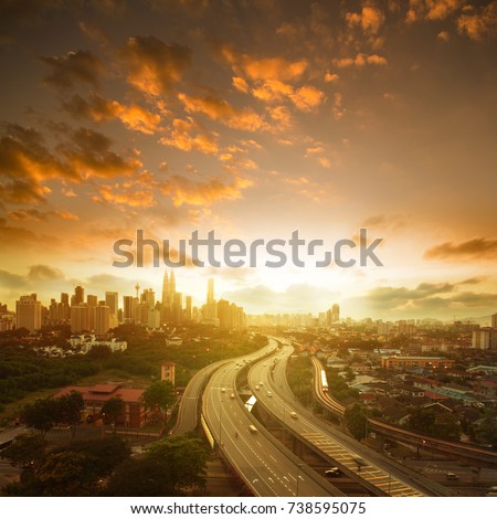 Malaysia capital city landscaped scenary. Kuala Lumpur skyline view in sunset view, square composition.
