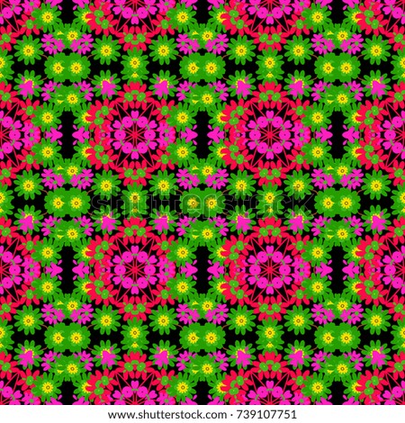 Magenta, green and black creative Ethnic Style mandalas seamless pattern. Unique geometric swatch. Perfect for site backdrop, wrapping paper, wallpaper, textile and surface design.