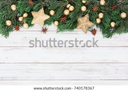 Christmas decoration on the wooden vintage background.  New year greeting card template. Holiday mock up. Scandinavian style.