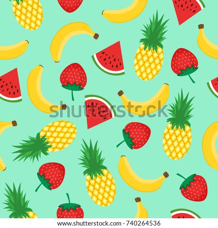 Seamless pattern with yellow bananas, pineapples, watermelon and strawberries on mint green background. Summer fruit mix illustration. Colorful cute tropical background.