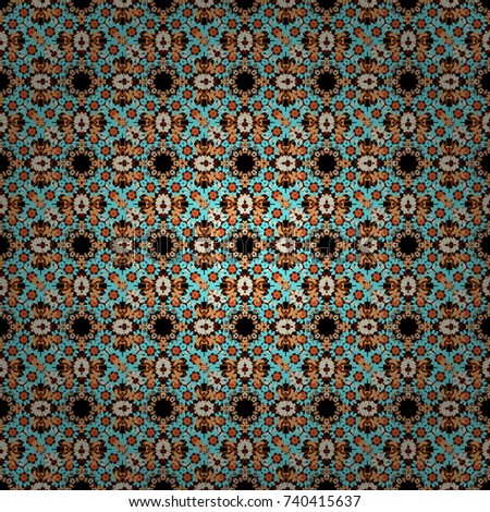 Mandalas ethnic seamless pattern in black, orange and blue colors. Vector seamless ornament. Ornamental motifs of the Indian fabric patterns.