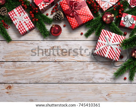3D rendering light christmas wooden background with branches of spruce, holly berries, ornaments and gifts