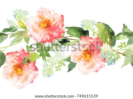 Seamless pattern with abstract watercolor peonies on a white background. Vintage composition.