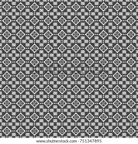 Geometrical abstract tiles mosaic seamless pattern background - graphic with abstract shapes in black, white and gray tones.