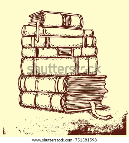 stack of old books on a yellow background vector illustration ink