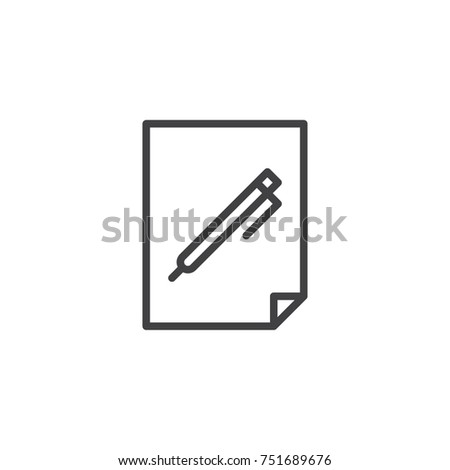 Pen on paper document line icon, outline vector sign, linear style pictogram isolated on white. Blank sheet of paper and a pencil symbol, logo illustration. Editable stroke