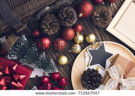 vintage top view of merry xmas decor on wood ground
